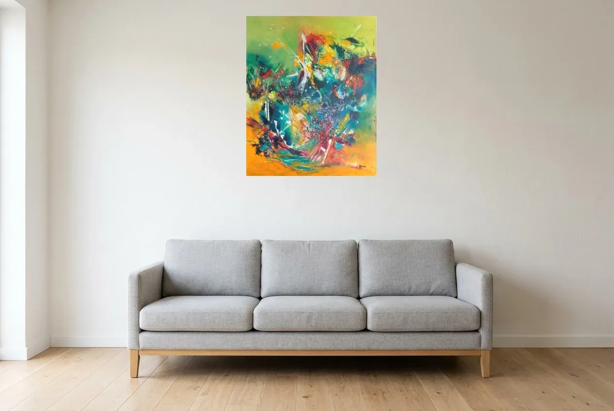 Tableau Abstrait Multicolore 222 “Feu d’Artifice”, peinture originale à l'huile par Régine Gardan, 65 × 80 cm, tableau multicolore accroché dans un salon