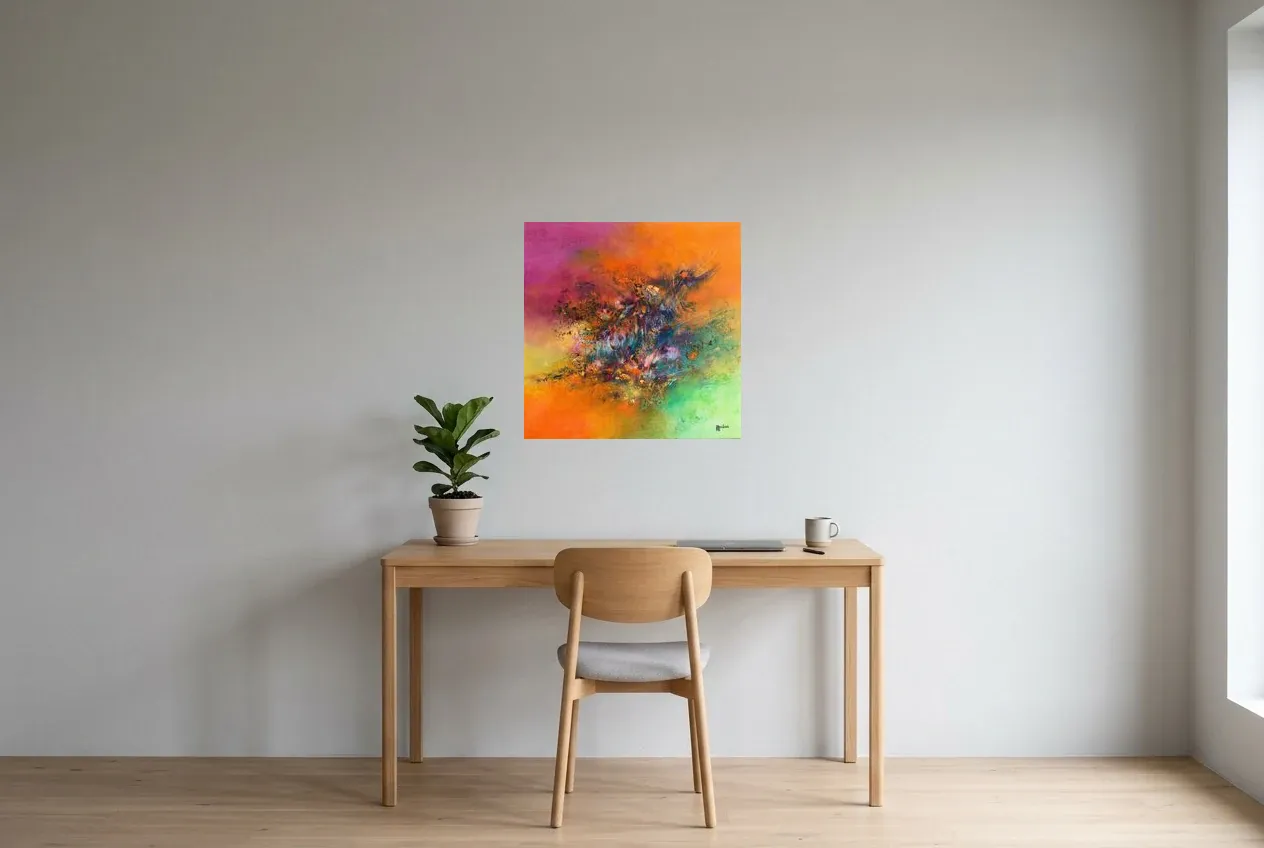 Tableau Abstrait Multicolore 224 “Écosystème”, peinture originale à l'huile par Régine Gardan, 60 × 60 cm, tableau multicolore accroché dans un bureau