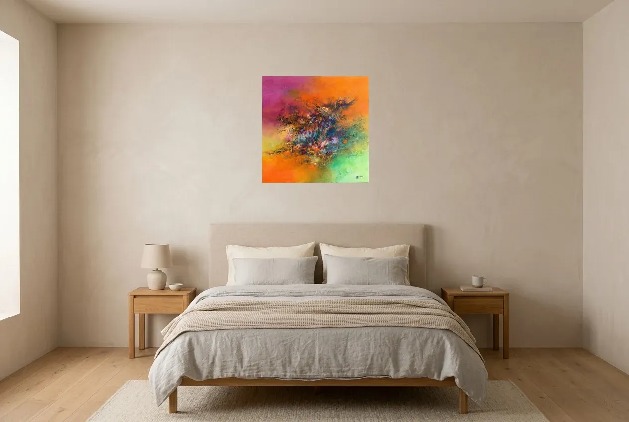 Tableau Abstrait Multicolore 224 “Écosystème”, peinture originale à l'huile par Régine Gardan, 60 × 60 cm, tableau multicolore accroché dans une chambre