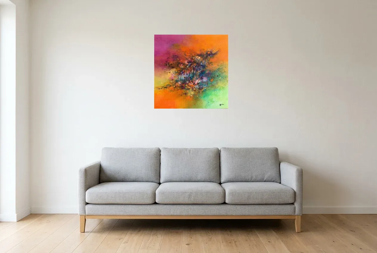 Tableau abstrait Écosystème de Régine Gardan accroché dans un salon, photo en situation