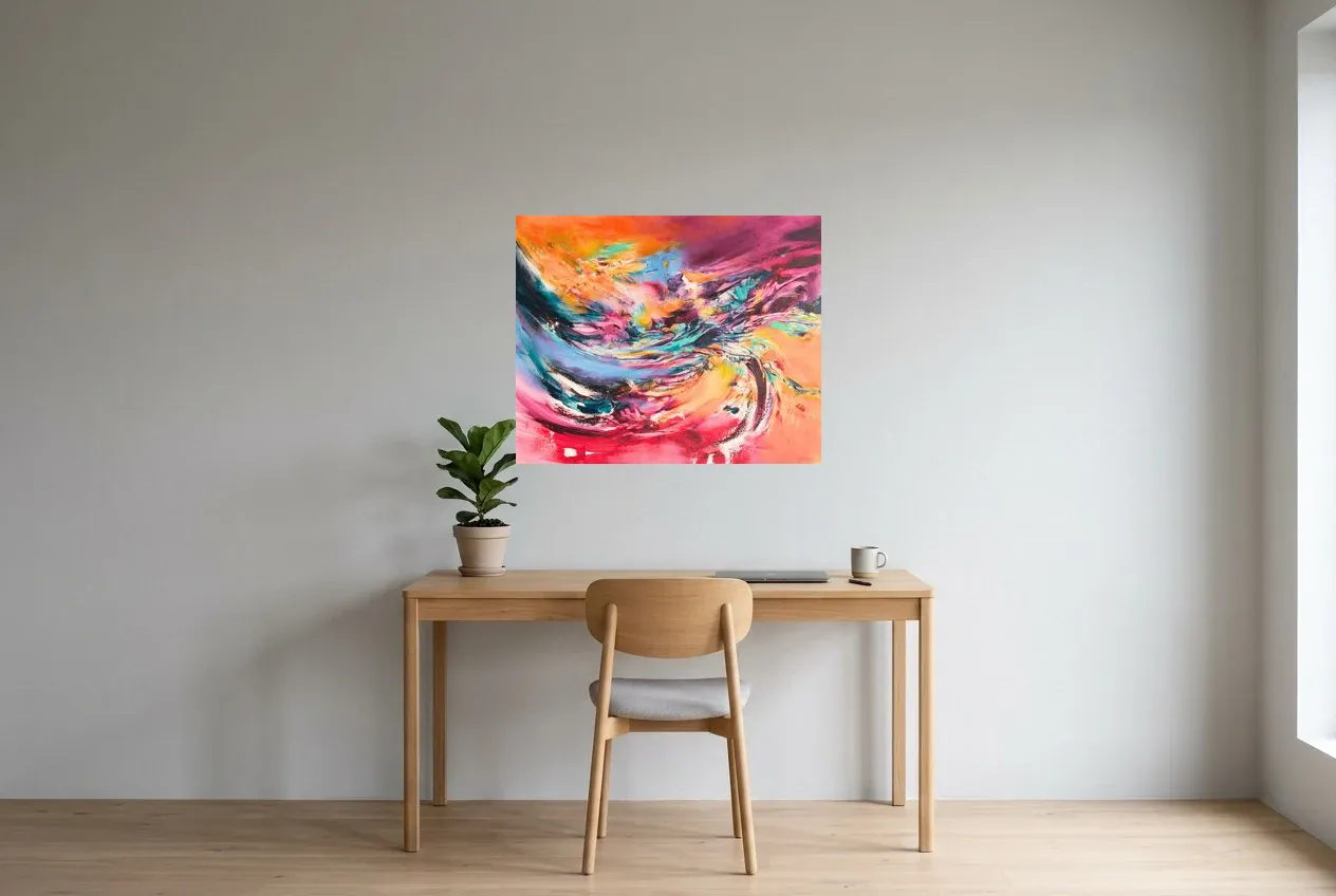 Tableau Abstrait Multicolore 237 “Créativité”, peinture originale à l'huile par Régine Gardan, 80 × 65 cm, tableau multicolore accroché dans un bureau