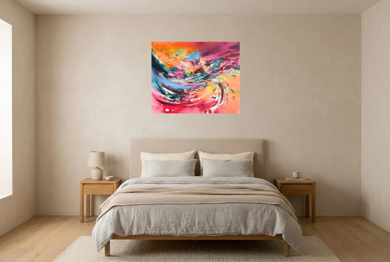 Tableau Abstrait Multicolore 237 “Créativité”, peinture originale à l'huile par Régine Gardan, 80 × 65 cm, tableau multicolore accroché dans une chambre