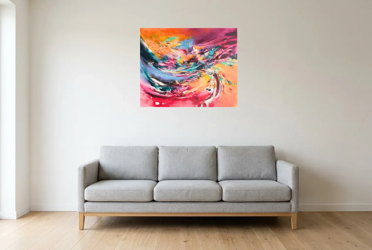 Tableau Abstrait Multicolore 237 “Créativité”, peinture originale à l'huile par Régine Gardan, 80 × 65 cm, tableau multicolore accroché dans un salon