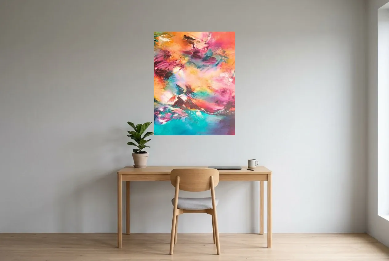 Tableau Abstrait Multicolore 239 “Idylle”, peinture originale à l'huile par Régine Gardan, 73 × 93 cm, tableau multicolore accroché dans un bureau