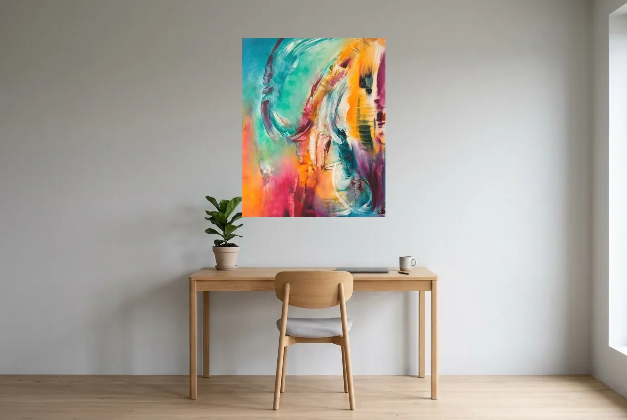 Tableau Abstrait Multicolore 74 “Rêve Idyllique”, peinture originale à l'huile par Régine Gardan, 80 × 100 cm, tableau multicolore accroché dans un bureau