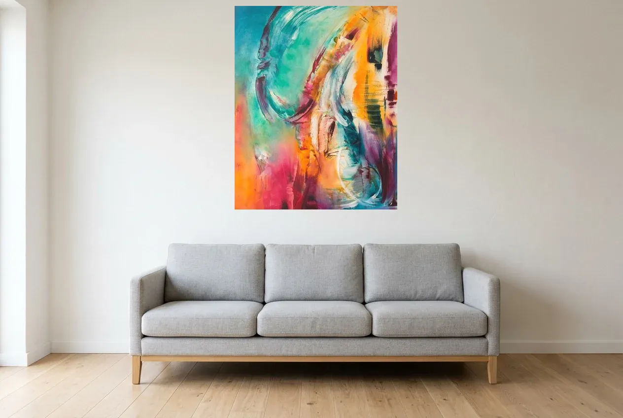 Tableau Abstrait Multicolore 74 “Rêve Idyllique”, peinture originale à l'huile par Régine Gardan, 80 × 100 cm, tableau multicolore accroché dans un salon