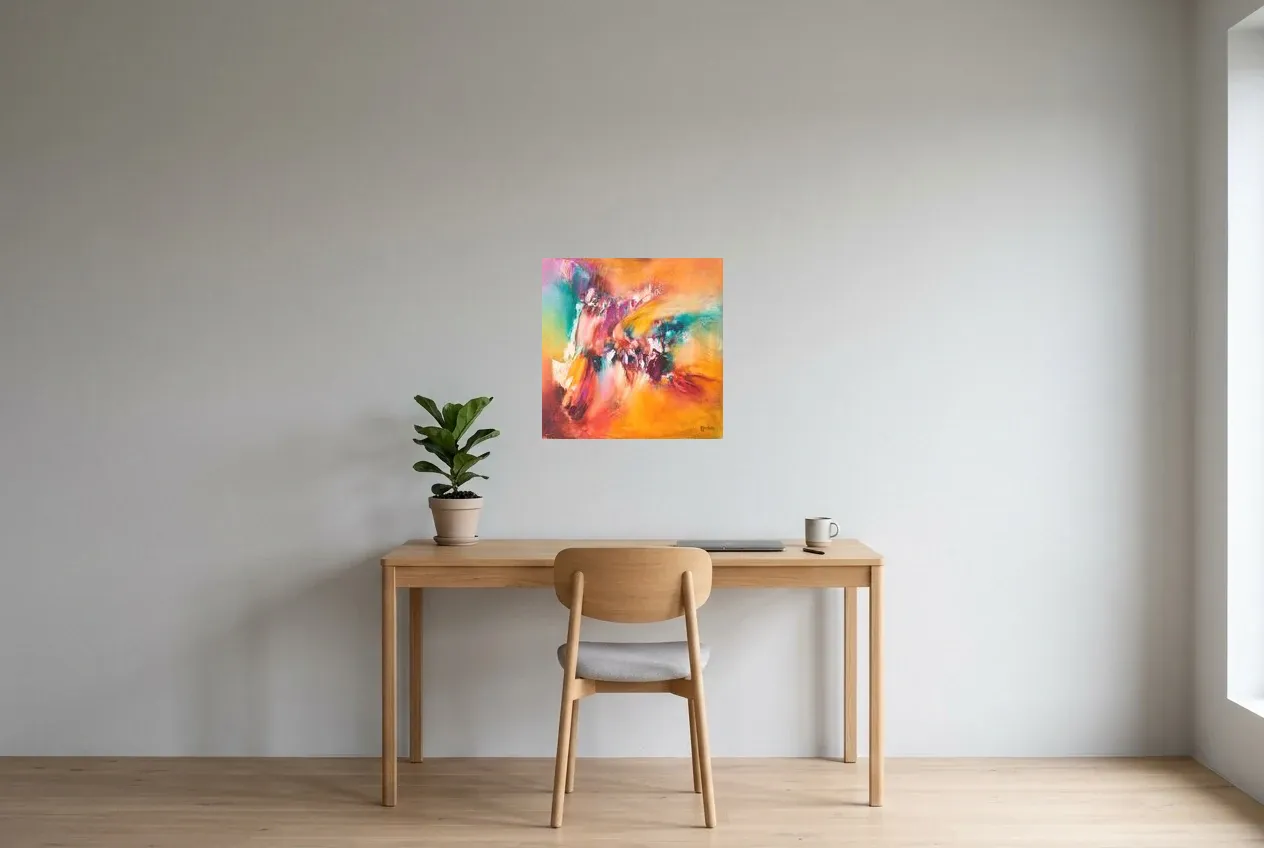 Tableau Abstrait Multicolore 98 “Phénix”, peinture originale à l'huile par Régine Gardan, 50 × 50 cm, tableau multicolore accroché dans un bureau