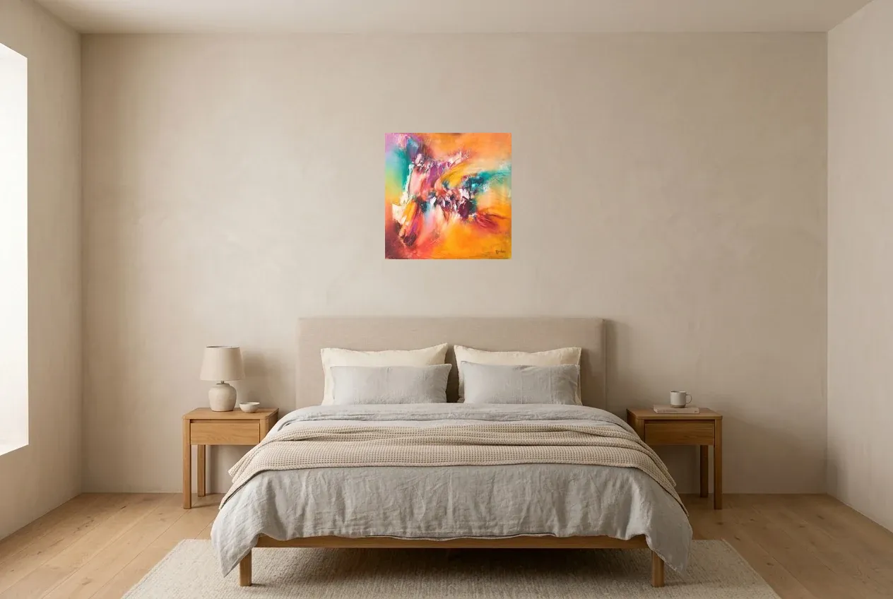 Tableau Abstrait Multicolore 98 “Phénix”, peinture originale à l'huile par Régine Gardan, 50 × 50 cm, tableau multicolore accroché dans une chambre