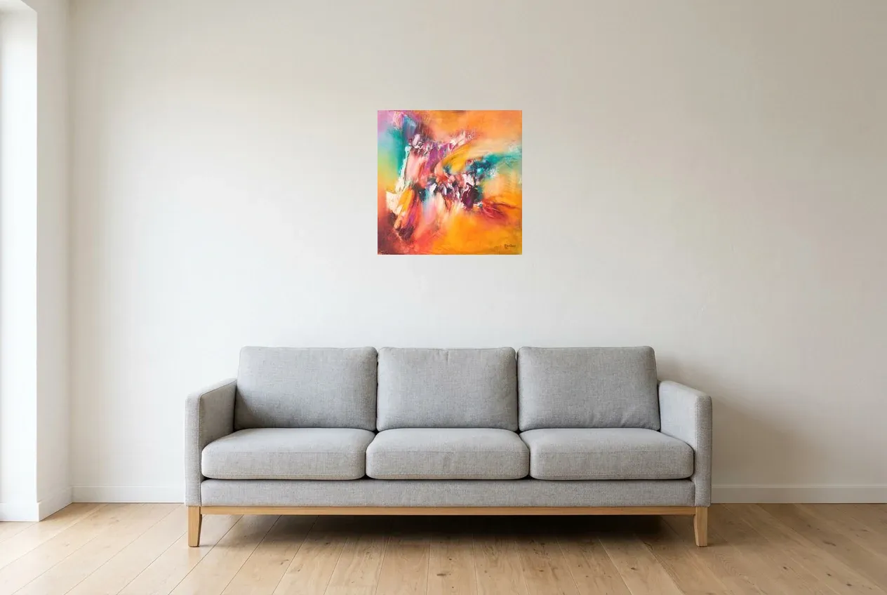 Tableau Abstrait Multicolore 98 “Phénix”, peinture originale à l'huile par Régine Gardan, 50 × 50 cm, tableau multicolore accroché dans un salon