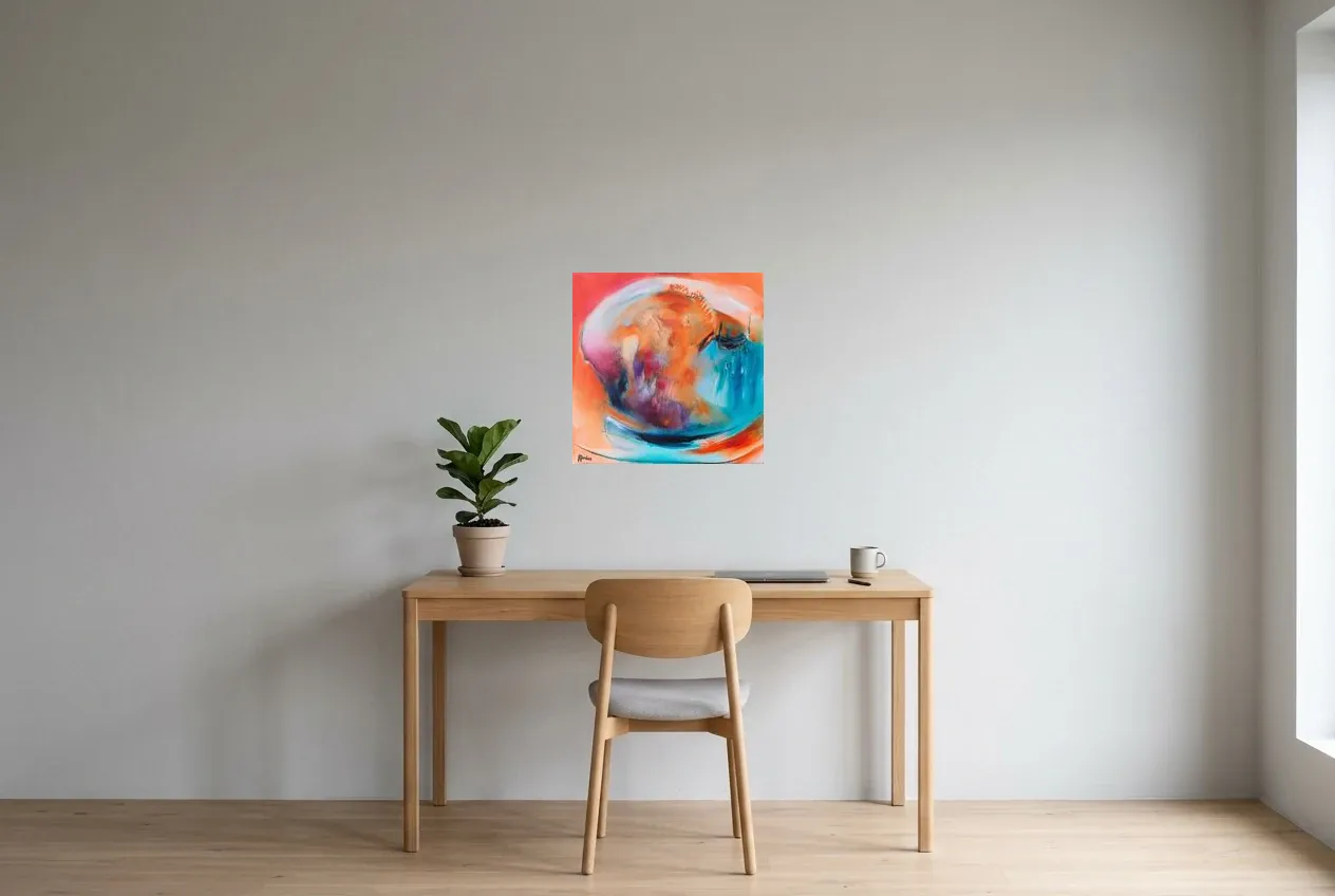 Tableau Abstrait Multicolore 108 “Poisson Clown”, peinture originale à l'huile par Régine Gardan, 50 × 50 cm, tableau multicolore accroché dans un bureau