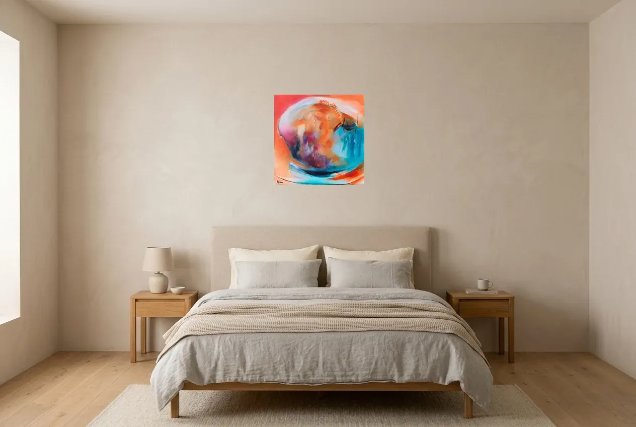 Tableau Abstrait Multicolore 108 “Poisson Clown”, peinture originale à l'huile par Régine Gardan, 50 × 50 cm, tableau multicolore accroché dans une chambre