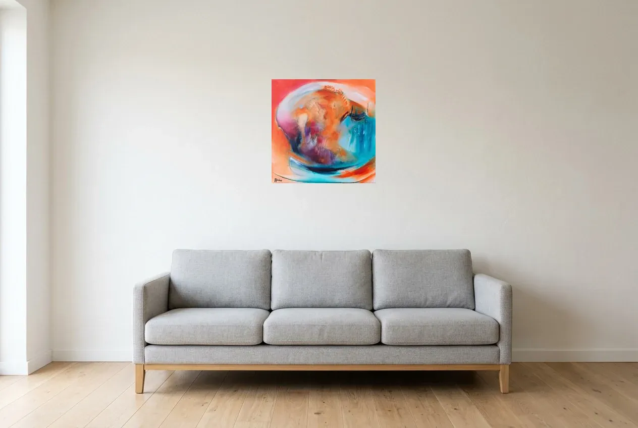 Tableau Abstrait Multicolore 108 “Poisson Clown”, peinture originale à l'huile par Régine Gardan, 50 × 50 cm, tableau multicolore accroché dans un salon