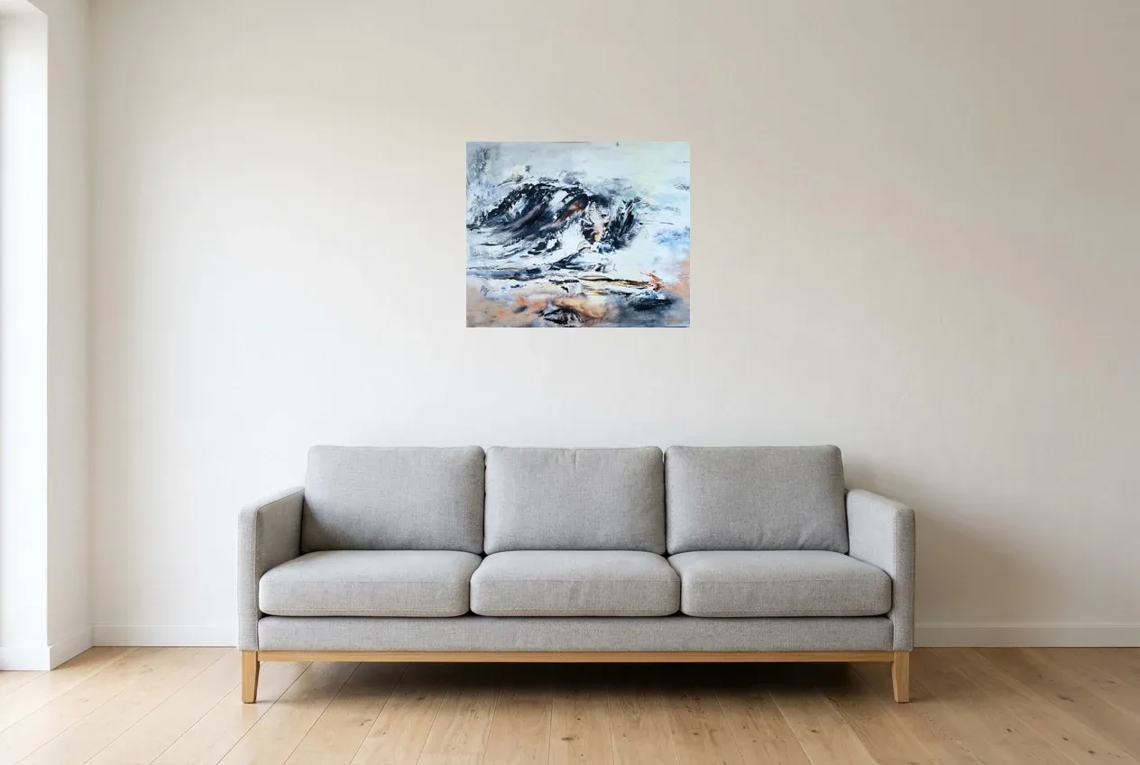 Tableau Abstrait Noir 141 “Antarctique”, peinture originale à l'huile par Régine Gardan, 60 × 50 cm, tableau noir accroché dans un salon