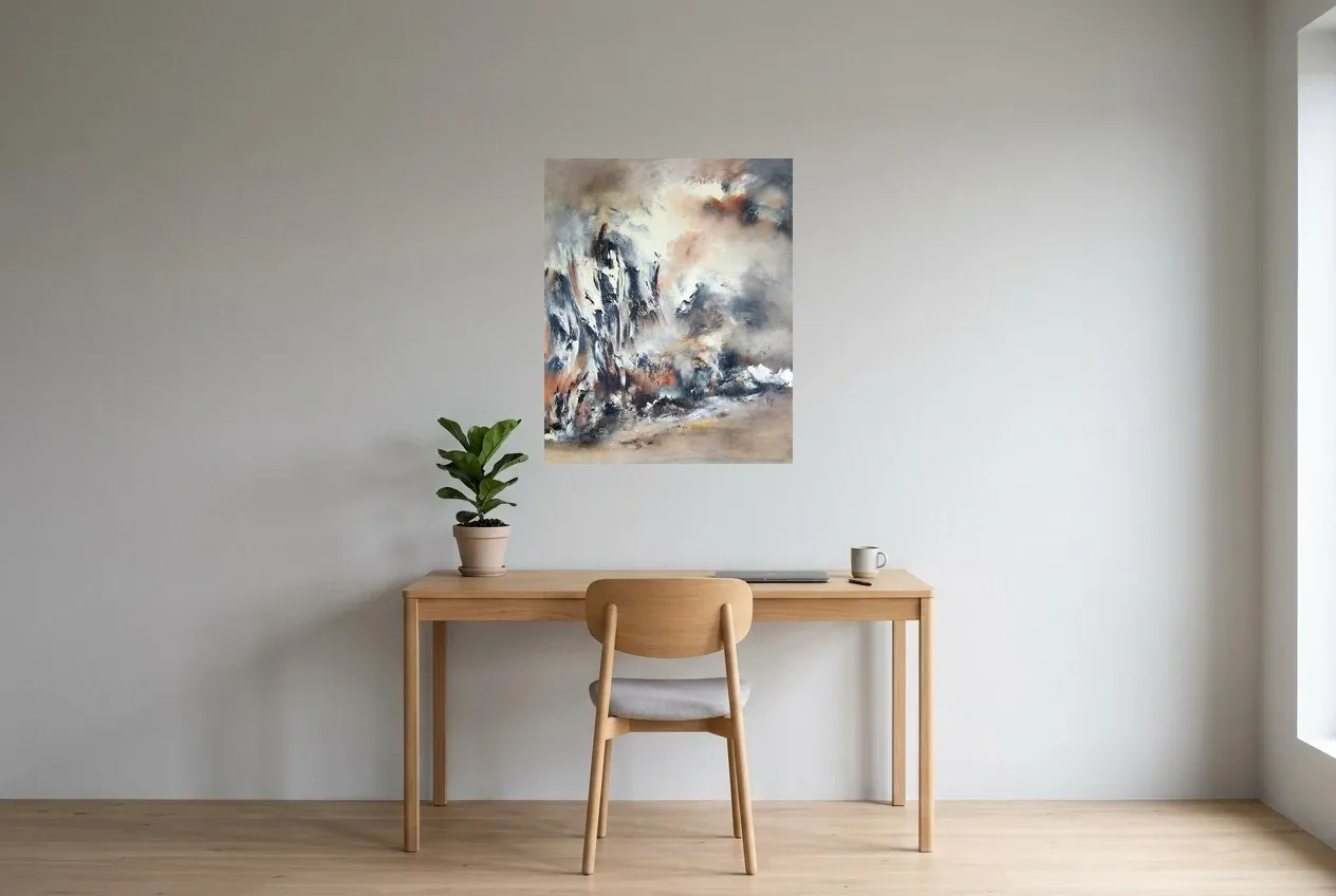Tableau Abstrait Noir 149 “Château”, peinture originale à l'huile par Régine Gardan, 65 × 80 cm, tableau noir accroché dans un bureau