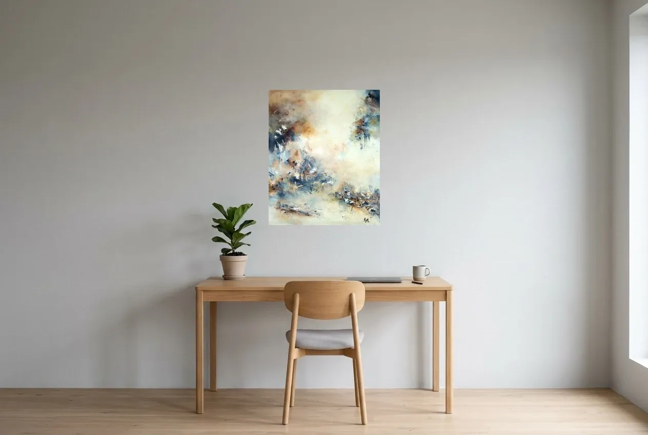 Tableau Abstrait Noir 150 “Crystal”, peinture originale à l'huile par Régine Gardan, 60 × 73 cm, tableau noir accroché dans un bureau