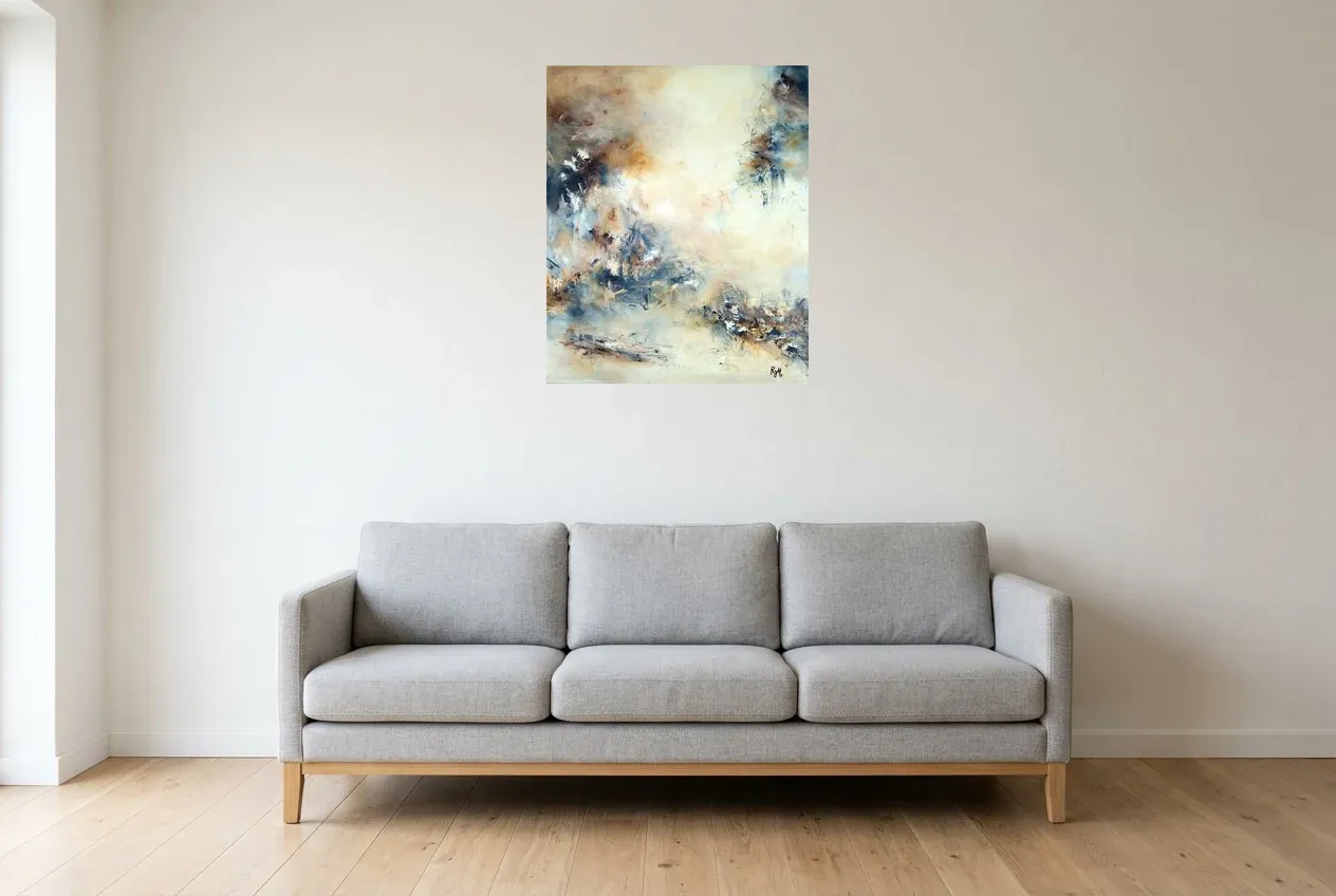 Tableau Abstrait Noir 150 “Crystal”, peinture originale à l'huile par Régine Gardan, 60 × 73 cm, tableau noir accroché dans un salon