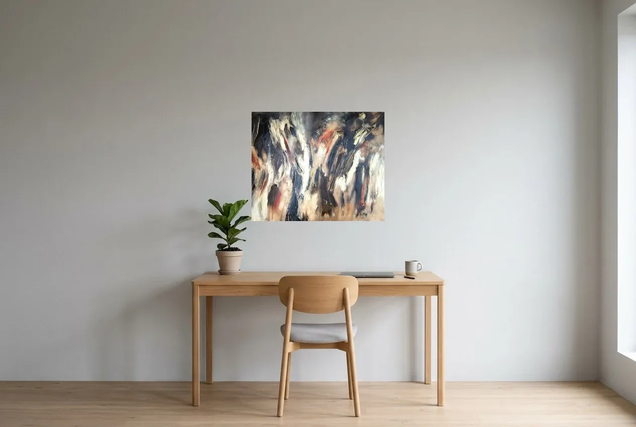 Tableau Abstrait Noir 168 “Paradoxe”, peinture originale à l'huile par Régine Gardan, 73 × 60 cm, tableau noir accroché dans un bureau
