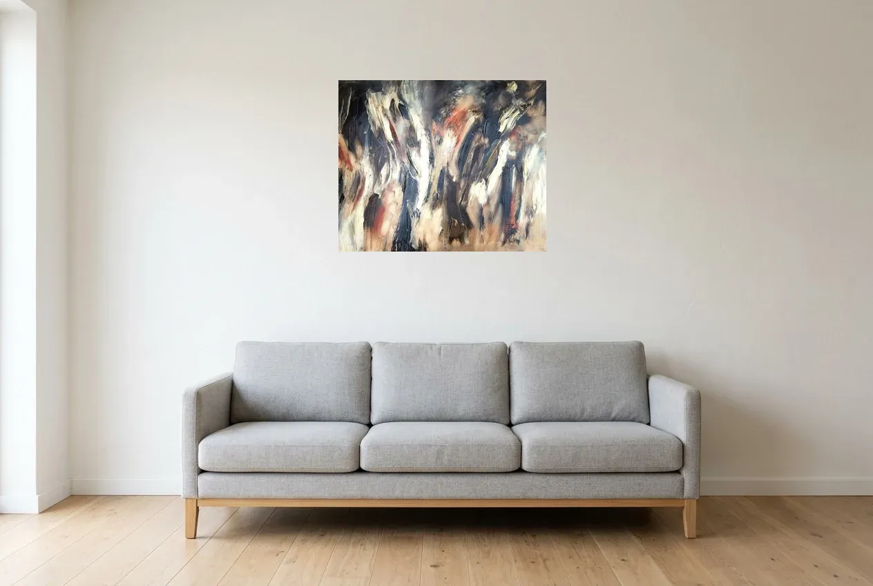 Tableau Abstrait Noir 168 “Paradoxe”, peinture originale à l'huile par Régine Gardan, 73 × 60 cm, tableau noir accroché dans un salon