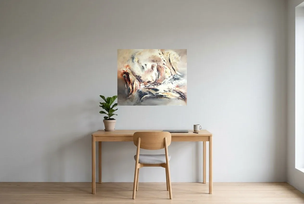 Tableau Abstrait Noir 194 “Création”, peinture originale à l'huile par Régine Gardan, 80 × 65 cm, tableau noir accroché dans un bureau