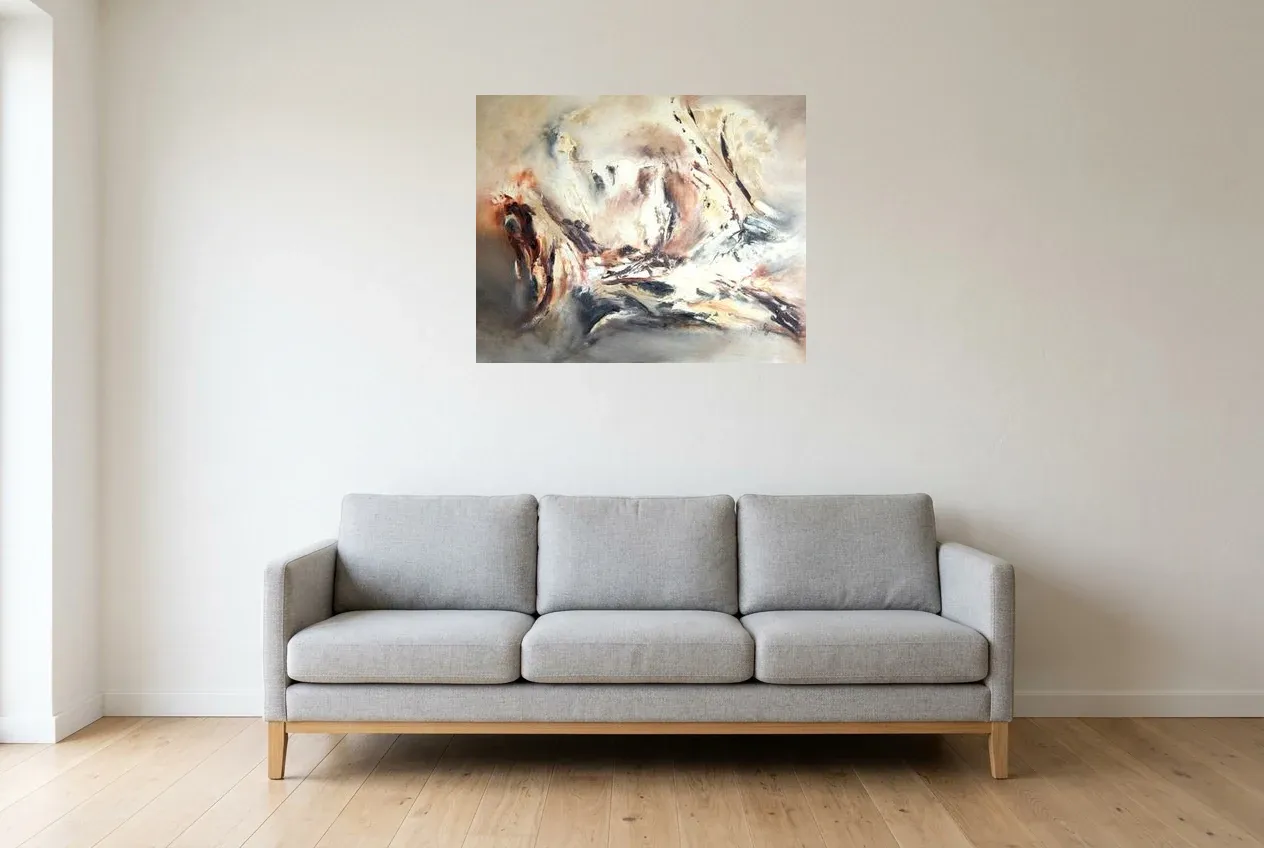 Tableau Abstrait Noir 194 “Création”, peinture originale à l'huile par Régine Gardan, 80 × 65 cm, tableau noir accroché dans un salon