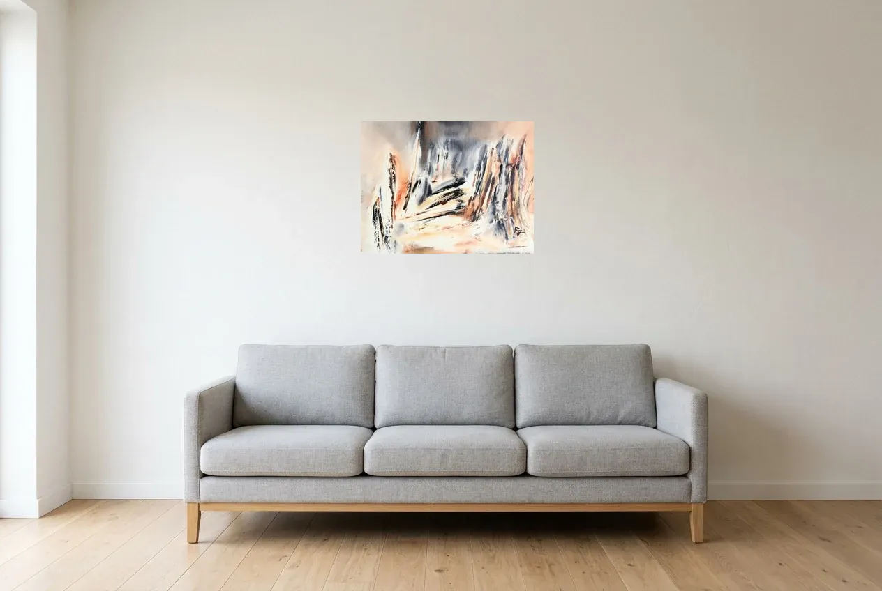 Tableau Abstrait Noir 226 “Grand Canyon”, peinture originale à l'huile par Régine Gardan, 60 × 46 cm, tableau noir accroché dans un salon