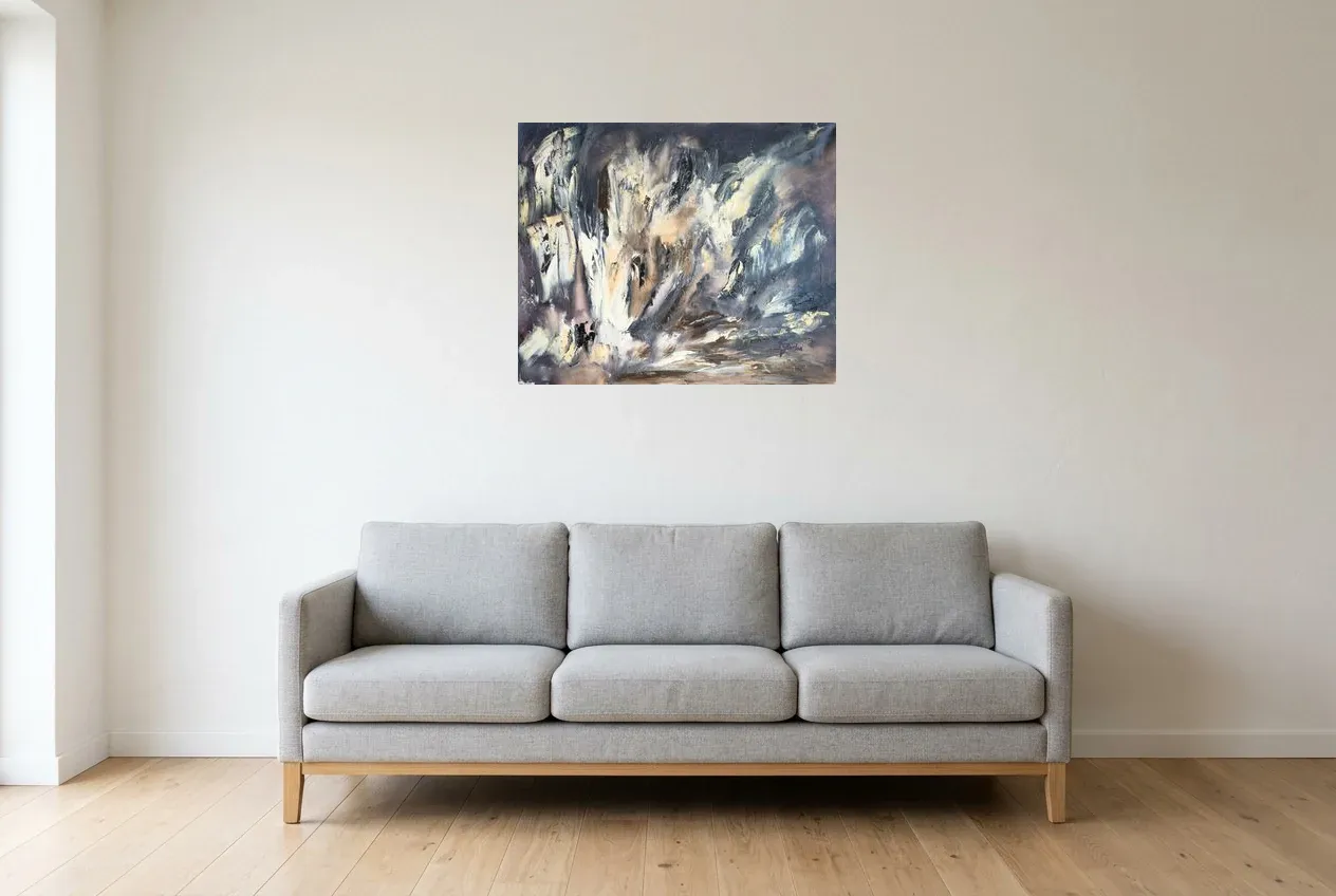Tableau Abstrait Noir 231 “Émergence”, peinture originale à l'huile par Régine Gardan, 73 × 60 cm, tableau noir accroché dans un salon