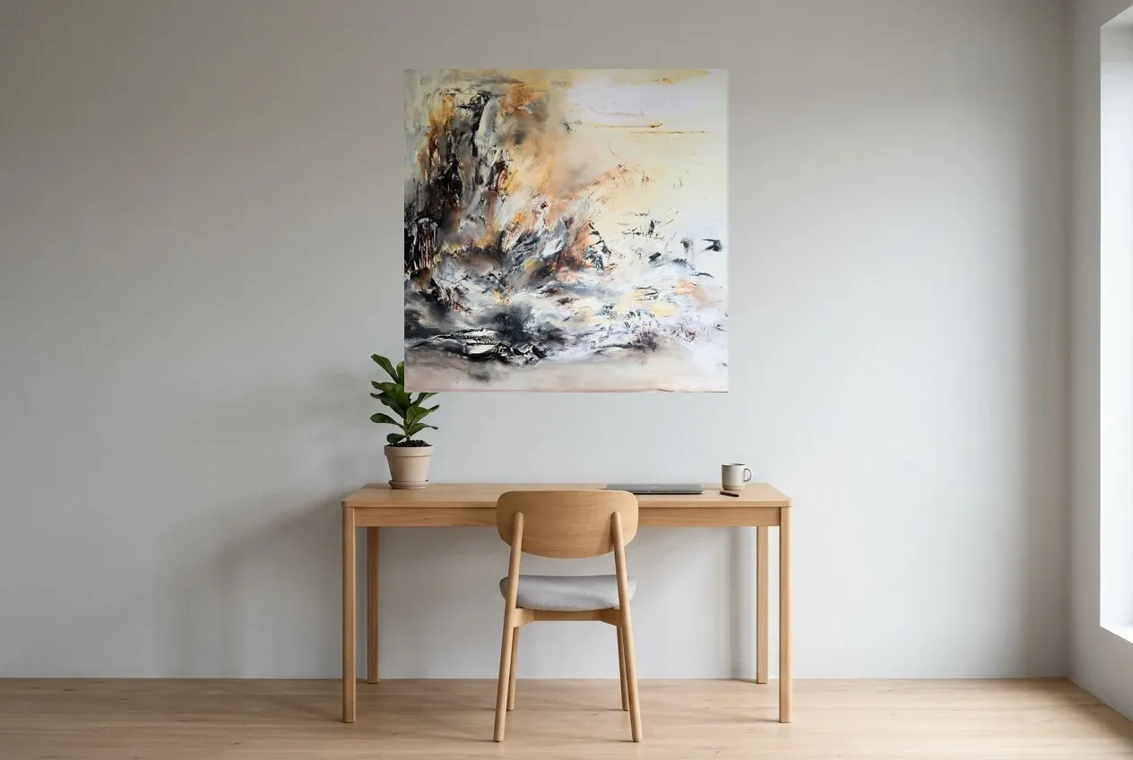 Tableau Abstrait Jaune 240 “Ambition”, peinture originale à l'huile par Régine Gardan, 100 × 100 cm, tableau jaune accroché dans un bureau