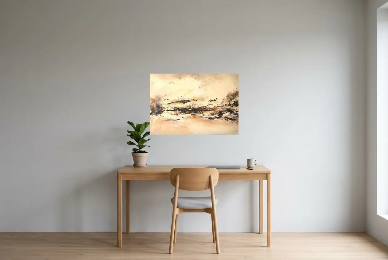 Tableau Abstrait Noir 57 “Hiver Éternel”, peinture originale à l'huile par Régine Gardan, 80 × 55 cm, tableau noir accroché dans un bureau