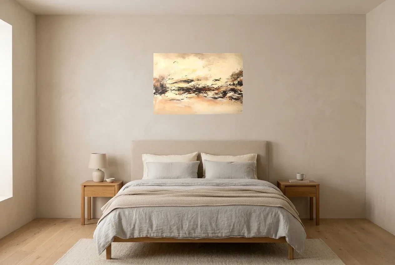 Tableau Abstrait Noir 57 “Hiver Éternel”, peinture originale à l'huile par Régine Gardan, 80 × 55 cm, tableau noir accroché dans une chambre