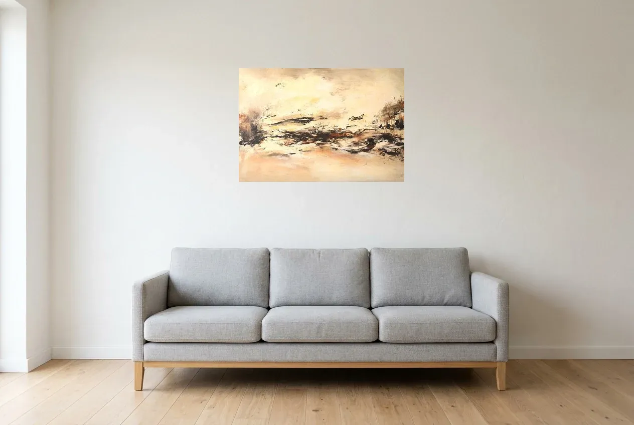 Tableau Abstrait Noir 57 “Hiver Éternel”, peinture originale à l'huile par Régine Gardan, 80 × 55 cm, tableau noir accroché dans un salon