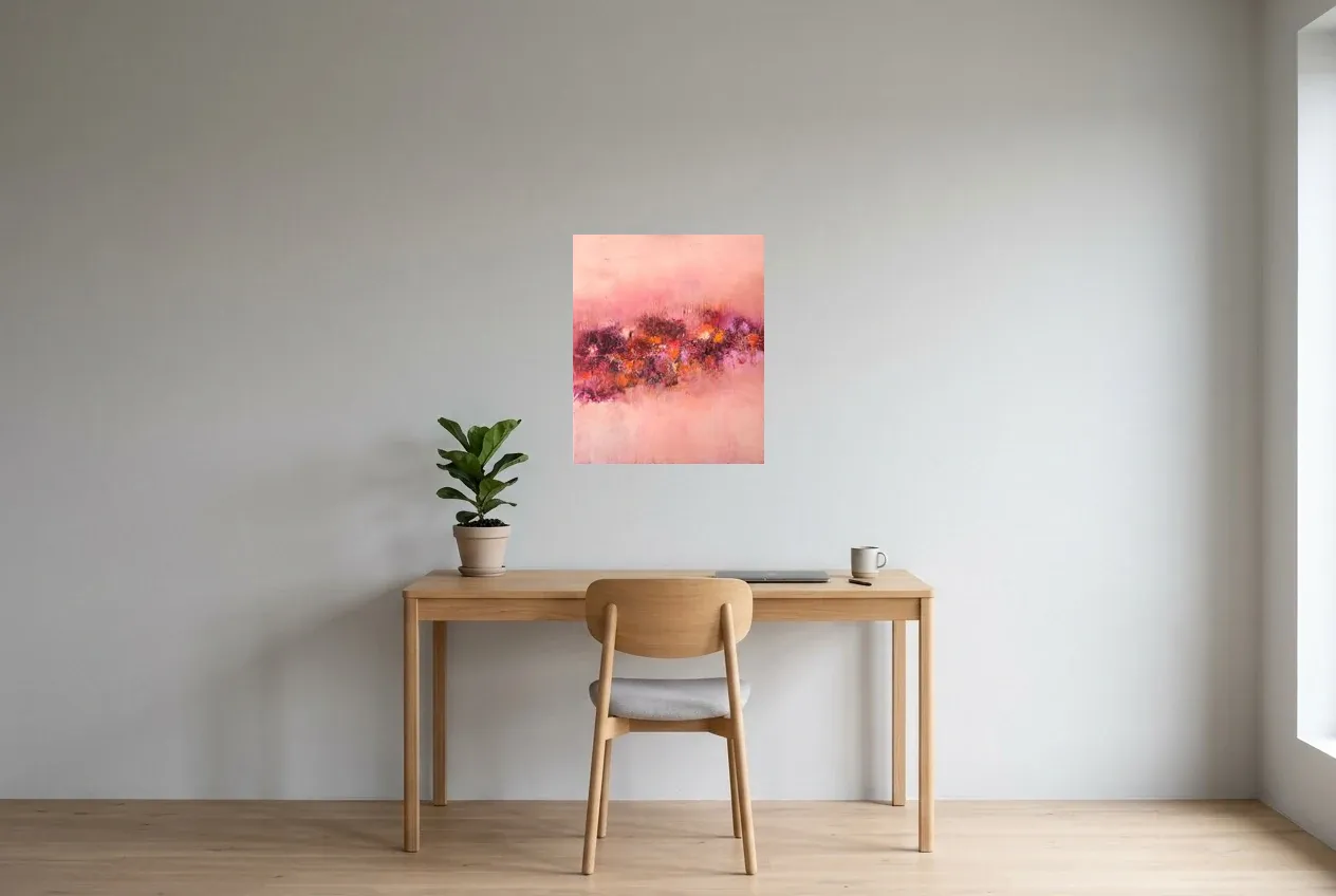 Tableau Abstrait Rose 11 “Fleurs de Rose”, peinture originale à l'huile par Régine Gardan, 50 × 60 cm, tableau rose accroché dans un bureau