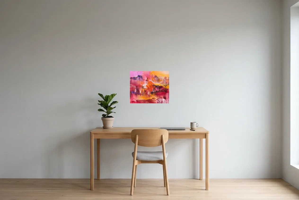 Tableau Abstrait Rose 114 “île Matinale”, peinture originale à l'huile par Régine Gardan, 46 × 38 cm, tableau rose accroché dans un bureau