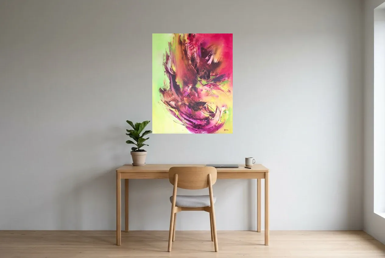 Tableau Abstrait Rose 127 “Éclosion”, peinture originale à l'huile par Régine Gardan, 73 × 91 cm, tableau rose accroché dans un bureau