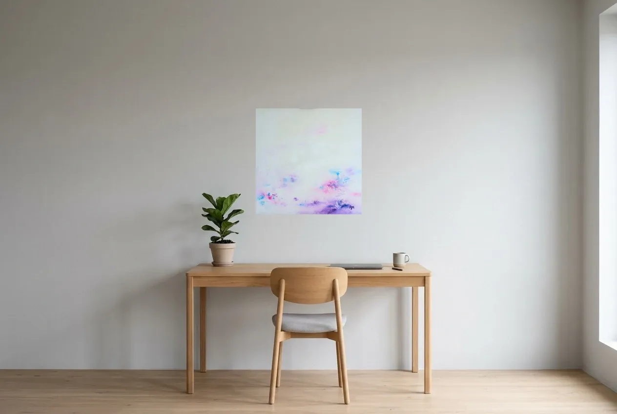 Tableau Abstrait Rose 143 “Mami”, peinture originale à l'huile par Régine Gardan, 60 × 60 cm, tableau rose accroché dans un bureau