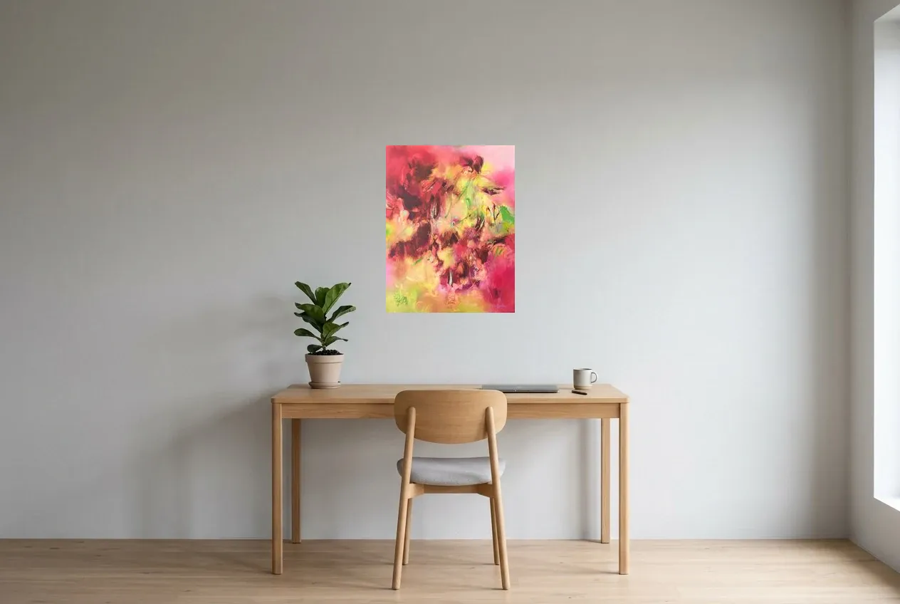 Tableau Abstrait Rose 17 “Lianes Rosâtres”, peinture originale à l'huile par Régine Gardan, 50 × 65 cm, tableau rose accroché dans un bureau