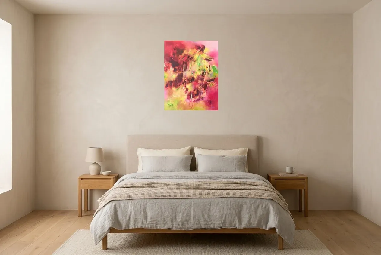 Tableau Abstrait Rose 17 “Lianes Rosâtres”, peinture originale à l'huile par Régine Gardan, 50 × 65 cm, tableau rose accroché dans une chambre