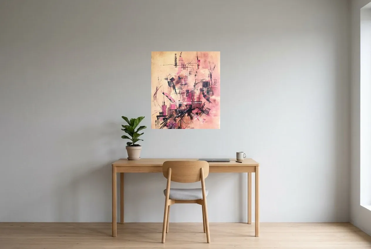 Tableau Abstrait Rose 175 “Résolution”, peinture originale à l'huile par Régine Gardan, 65 × 73 cm, tableau rose accroché dans un bureau