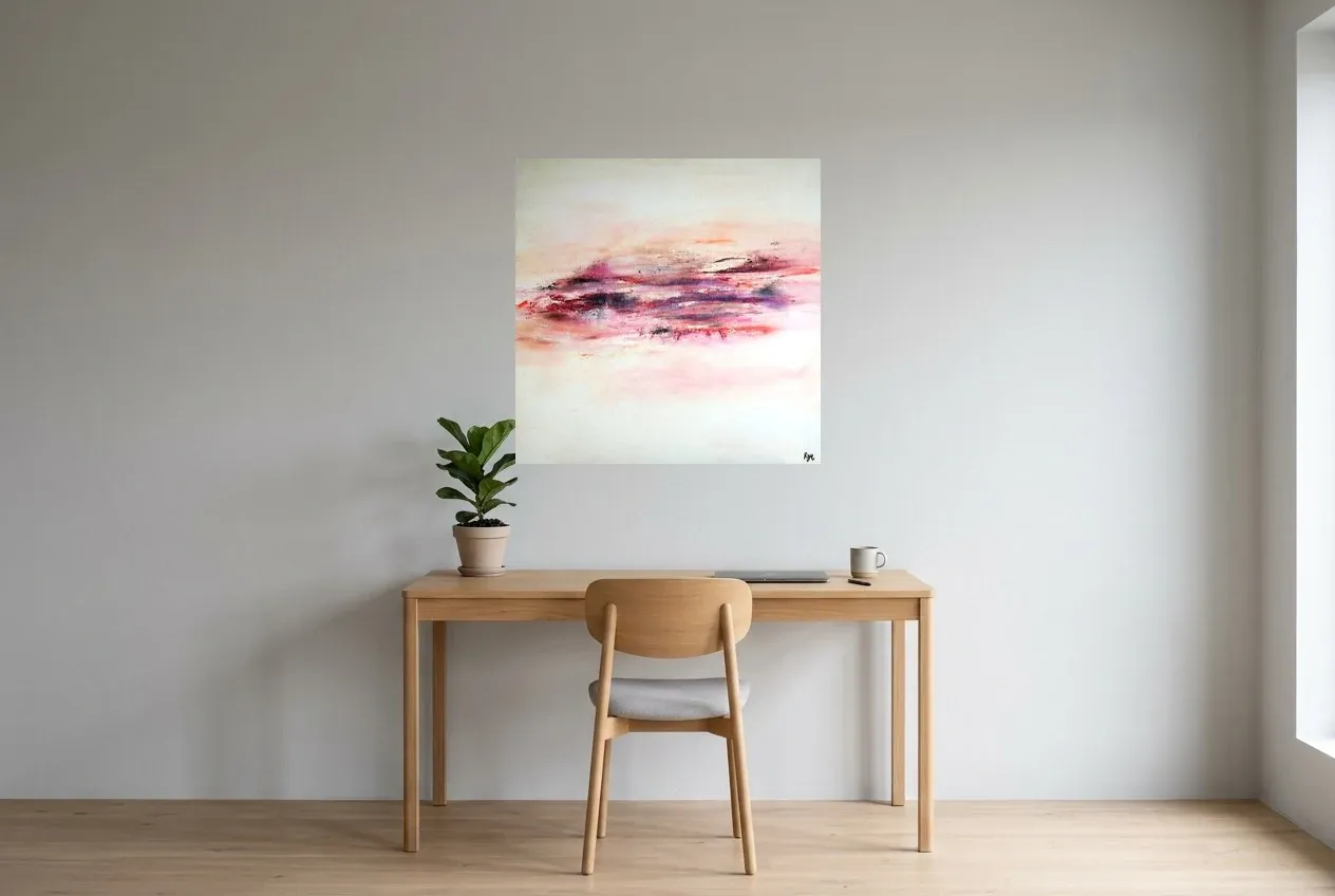 Tableau Abstrait Rose 196 “La Paix”, peinture originale à l'huile par Régine Gardan, 80 × 80 cm, tableau rose accroché dans un bureau
