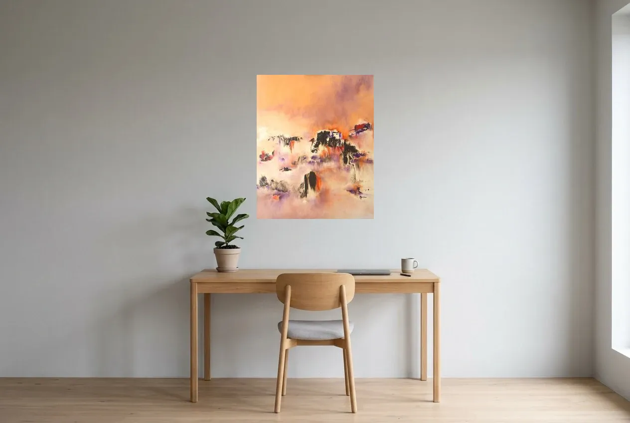 Tableau Abstrait Rose 22 “Mirage Réel”, peinture originale à l'huile par Régine Gardan, 65 × 80 cm, tableau rose accroché dans un bureau