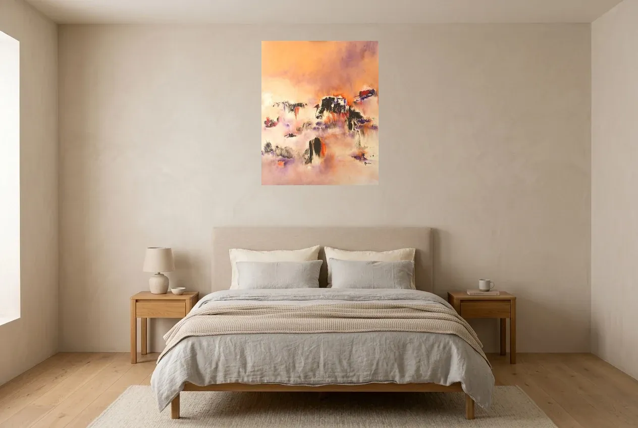 Tableau Abstrait Rose 22 “Mirage Réel”, peinture originale à l'huile par Régine Gardan, 65 × 80 cm, tableau rose accroché dans une chambre