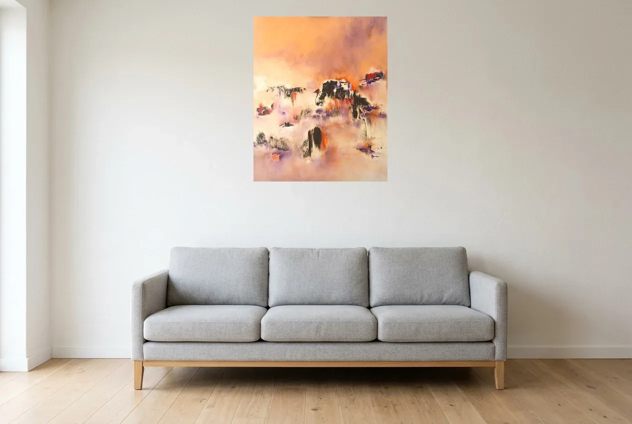 Tableau Abstrait Rose 22 “Mirage Réel”, peinture originale à l'huile par Régine Gardan, 65 × 80 cm, tableau rose accroché dans un salon