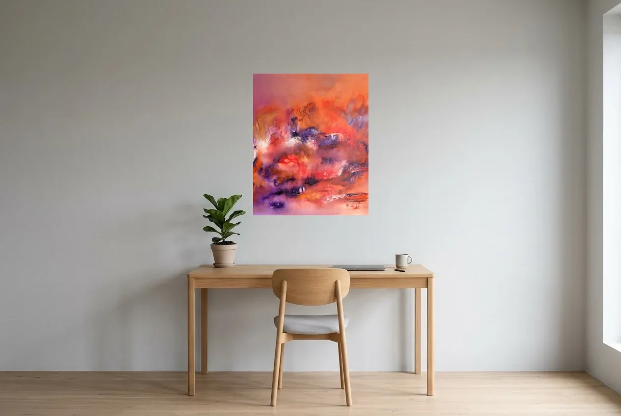 Tableau Abstrait Rose 220 “Chaleur Rosâtre”, peinture originale à l'huile par Régine Gardan, 65 × 80 cm, tableau rose accroché dans un bureau