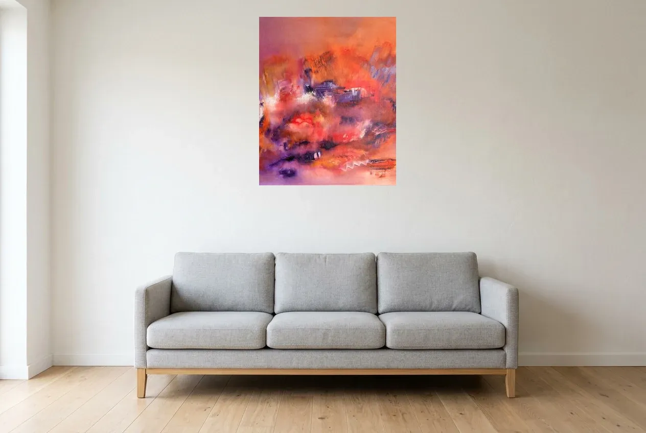 Tableau Abstrait Rose 220 “Chaleur Rosâtre”, peinture originale à l'huile par Régine Gardan, 65 × 80 cm, tableau rose accroché dans un salon