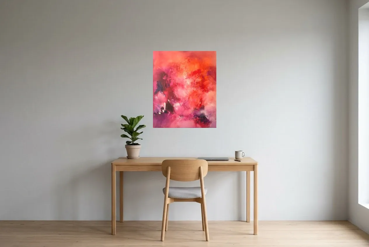 Tableau Abstrait Rose 37 “Nostalgie”, peinture originale à l'huile par Régine Gardan, 60 × 73 cm, tableau rose accroché dans un bureau