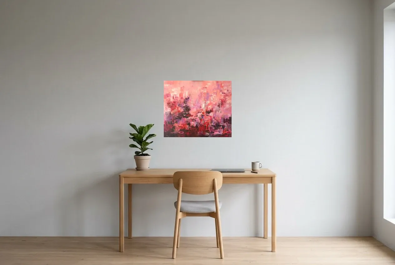 Tableau Abstrait Rose 39 “Développement”, peinture originale à l'huile par Régine Gardan, 60 × 50 cm, tableau rose accroché dans un bureau
