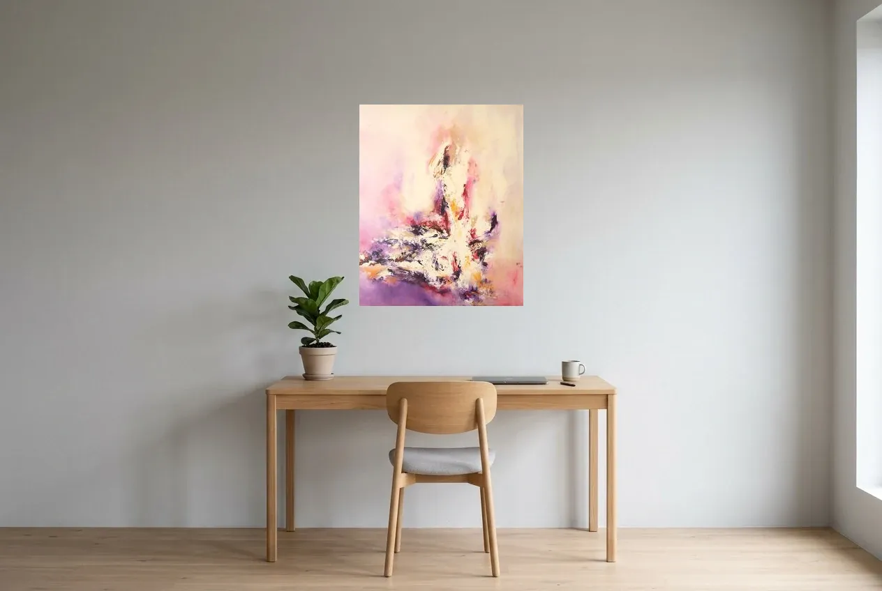 Tableau Abstrait Rose 49 “Feu Blanc”, peinture originale à l'huile par Régine Gardan, 65 × 80 cm, tableau rose accroché dans un bureau