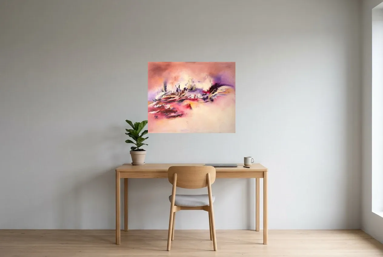 Tableau Abstrait Rose 55 “Illusion Magique”, peinture originale à l'huile par Régine Gardan, 80 × 65 cm, tableau rose accroché dans un bureau