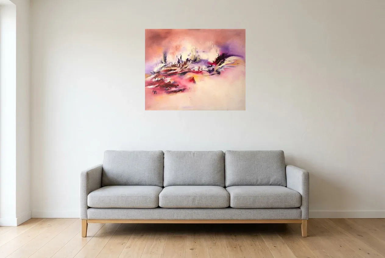 Tableau Abstrait Rose 55 “Illusion Magique”, peinture originale à l'huile par Régine Gardan, 80 × 65 cm, tableau rose accroché dans un salon