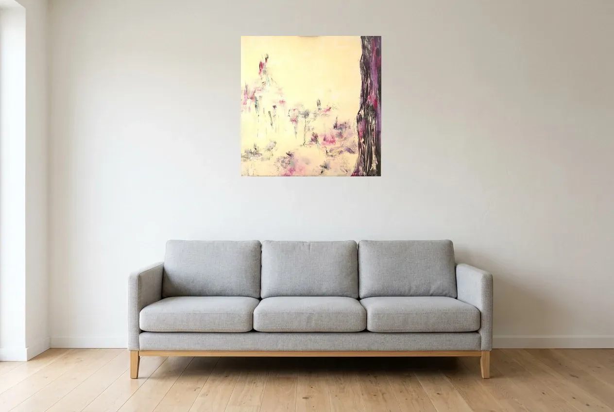 Tableau Abstrait Rose 58 “Prairie Enchantée”, peinture originale à l'huile par Régine Gardan, 70 × 70 cm, tableau rose accroché dans un salon