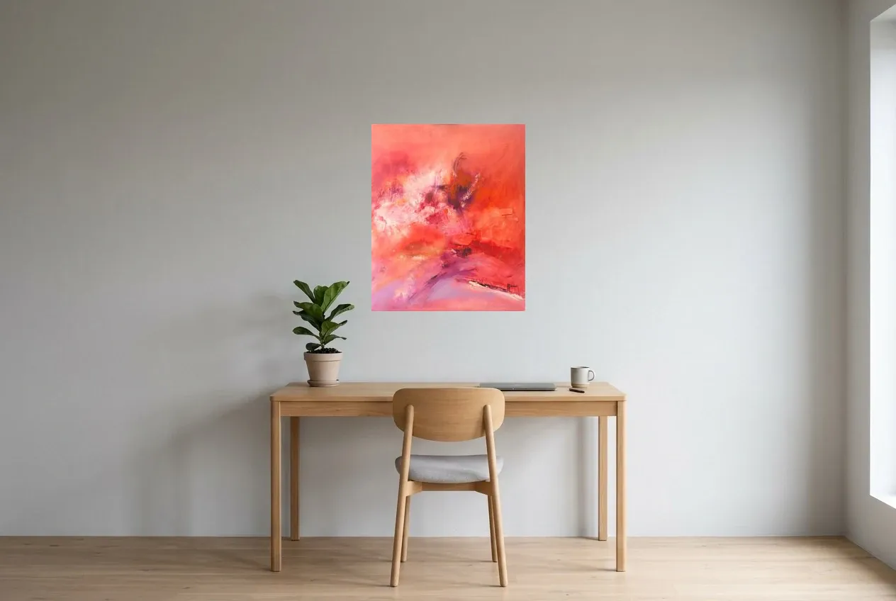 Tableau Abstrait Rose 63 “Soulagement”, peinture originale à l'huile par Régine Gardan, 60 × 73 cm, tableau rose accroché dans un bureau